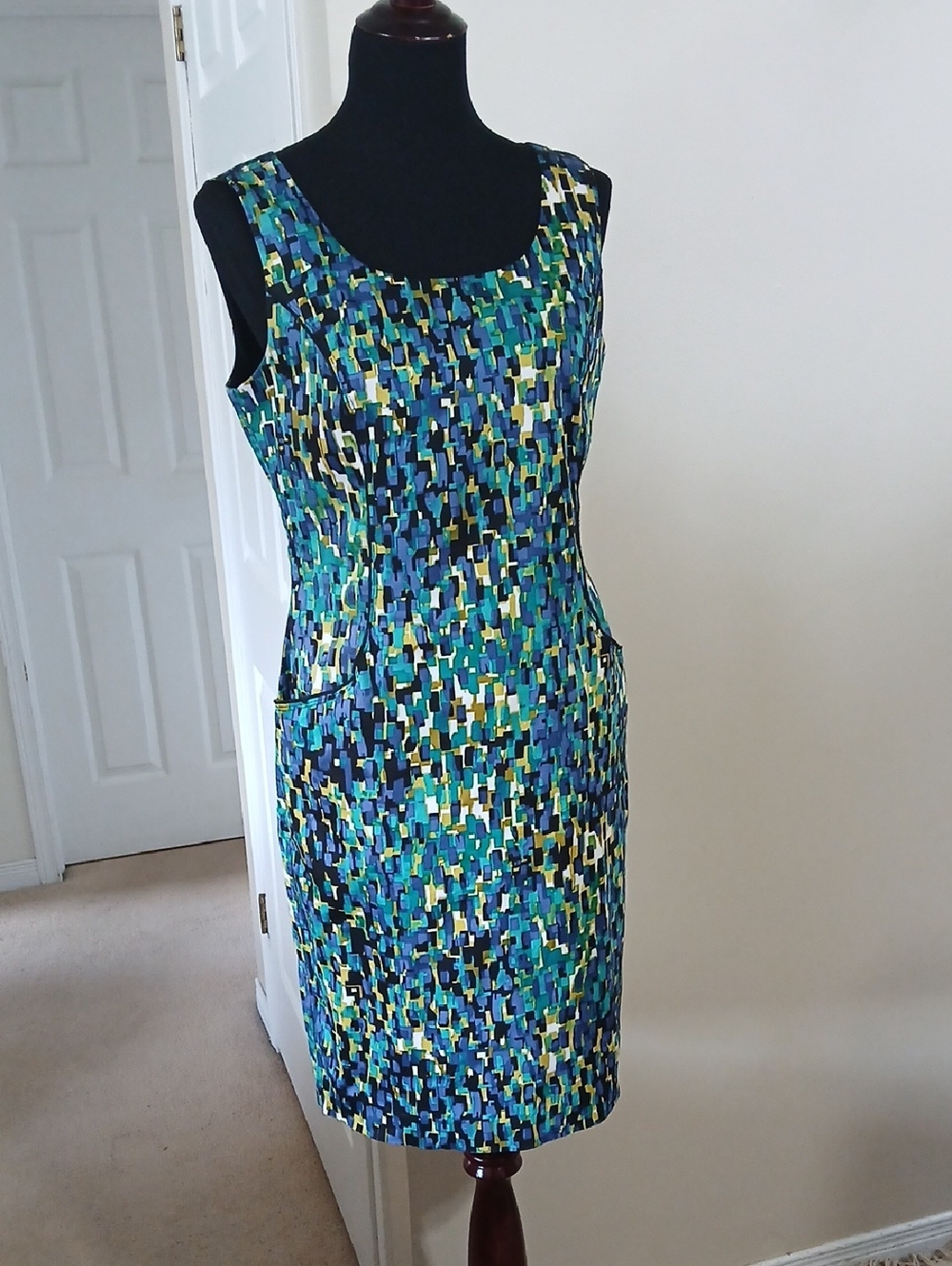 cleo Blue, Green & Yellow Printed Midi Sheath Dress